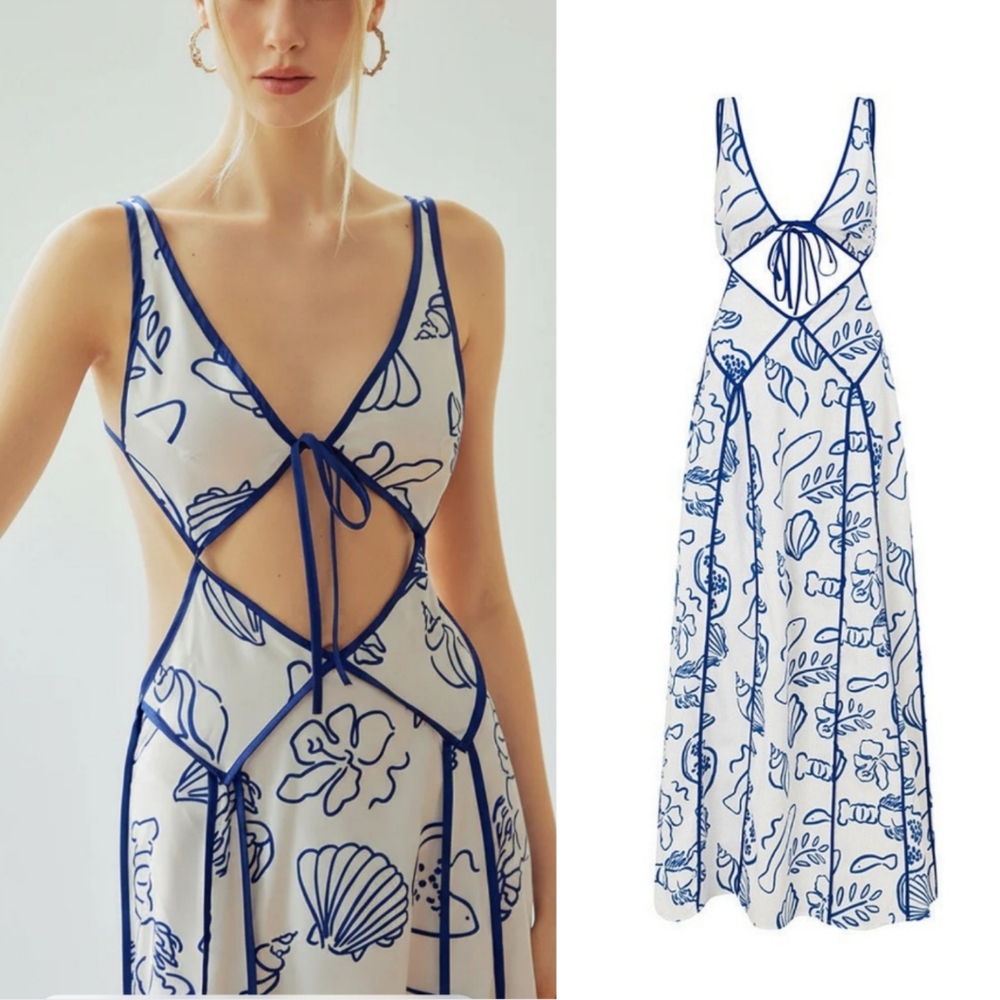 Maxi Dress with a blue marine print and contrast binding.  - Picture 3 of 7
